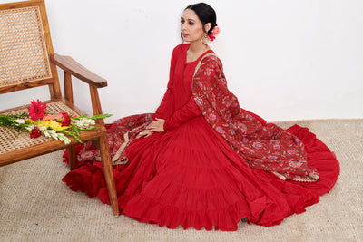 Raag Red Anarkali with Chooridar and Dupatta- set of 3