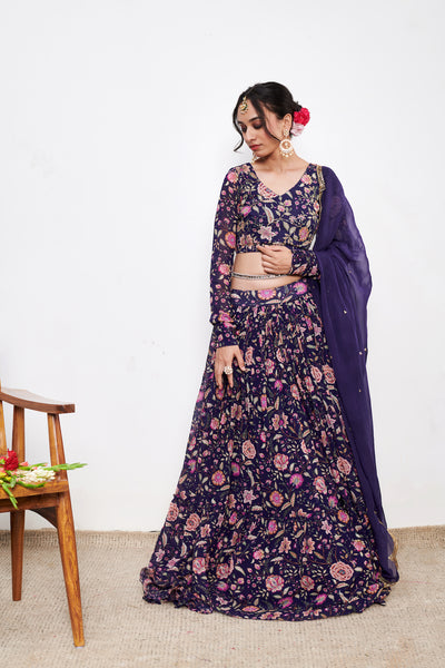 Raag Blue Floral print Lehenga with Floral print Blouse and Dupatta - Set of 3