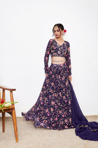 Raag Blue Floral print Lehenga with Floral print Blouse and Dupatta - Set of 3
