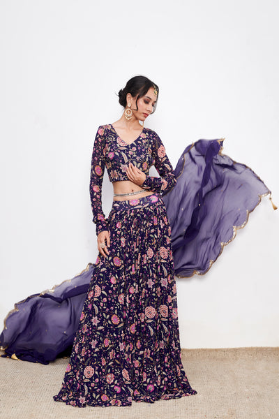 Raag Blue Floral print Lehenga with Floral print Blouse and Dupatta - Set of 3
