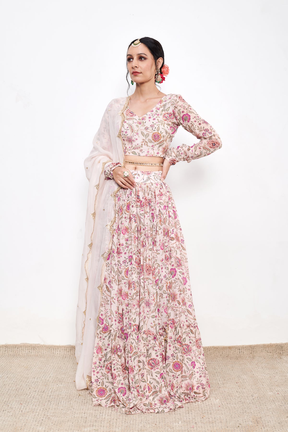 Raag Daisy White Floral print Lehenga with Floral print Blouse and Dupatta - Set of 3