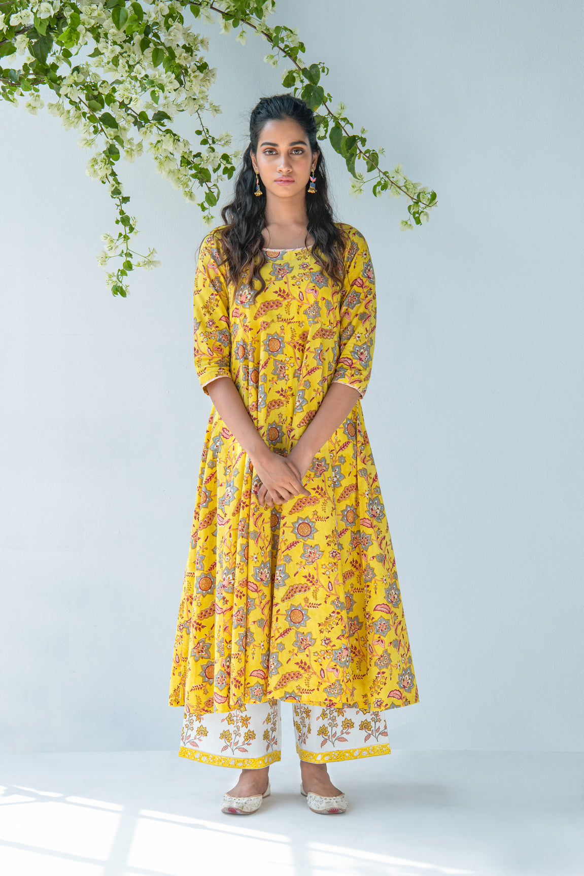 Yellow Hand block Printed Anarkali with Palazzo and Duppata - set of 3