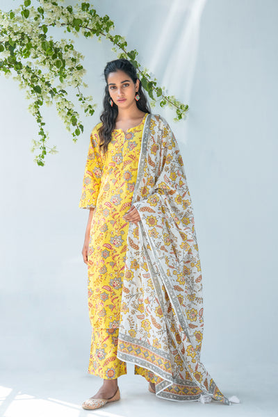 Yellow Hand Block Printed Kurta with Palazzo and Mul Dupatta