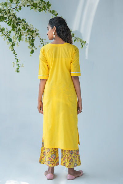 Yellow Kurta with hand block Printed Palazzo and Duppata