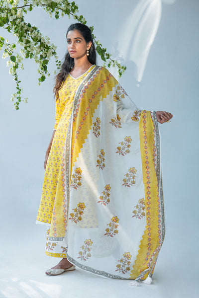 Yellow hand block printed Buti kurta with palazzo and dupatta