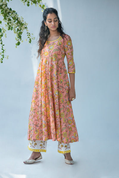 Peach Hand block Printed Anarkali with Palazzo and Duppata - set of 3