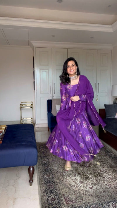 Mitali in our Bahaar Purple printed Anarkali with Chooridar and Dupatta- Set of 3