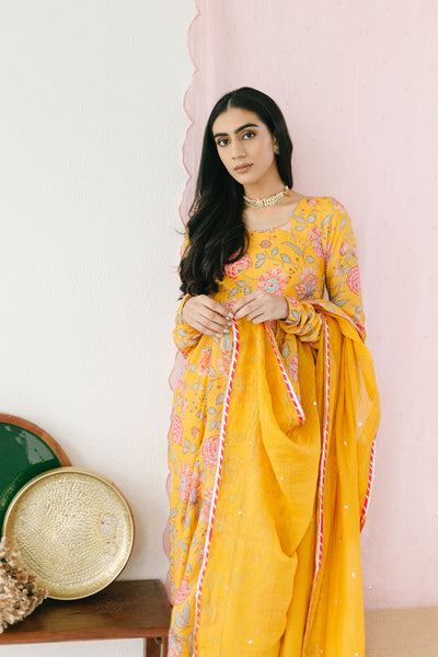 Bright Yellow printed Anarkali with Chooridar and Dupatta- set of 3