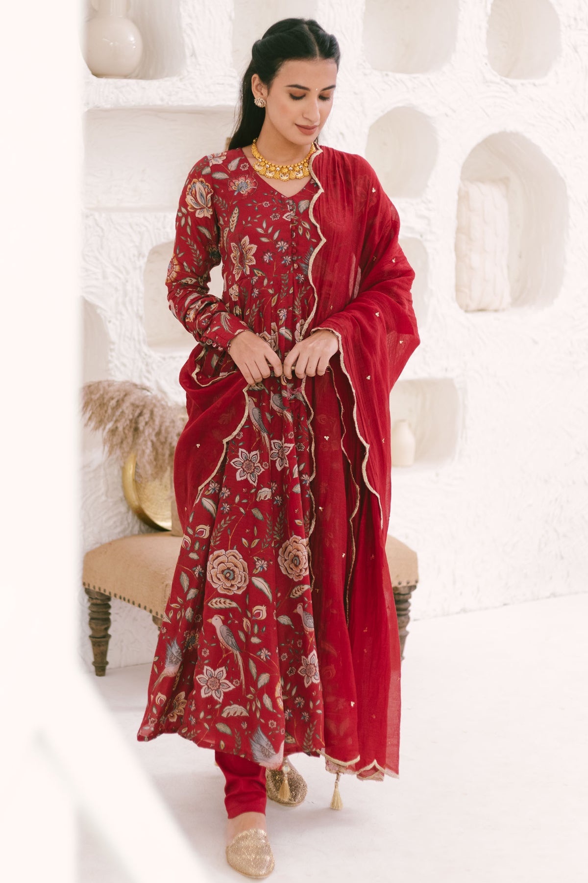 Deep Red printed Anarkali with Chooridar and Dupatta- set of 3