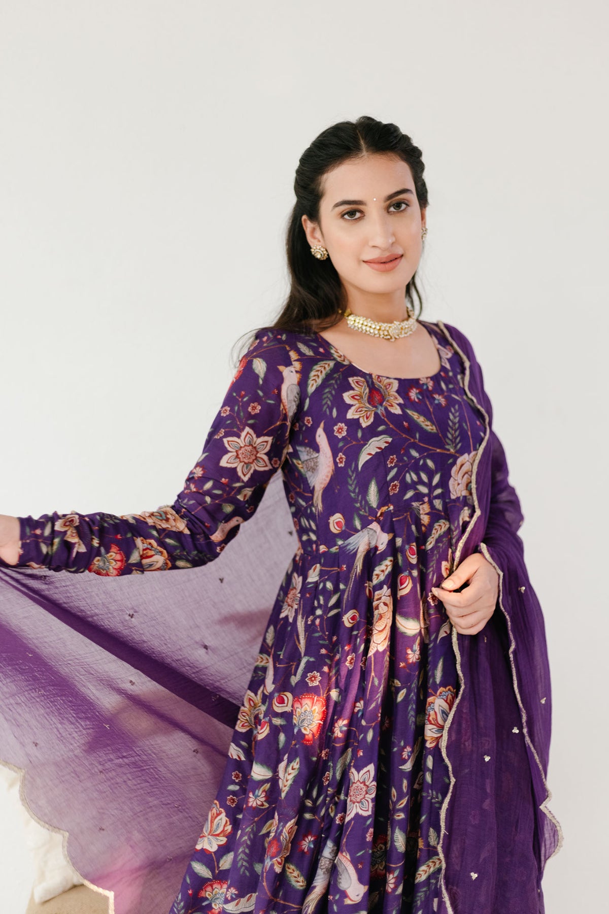 Purple printed Anarkali with Chooridar and Dupatta- set of 3