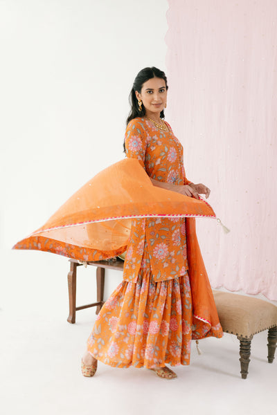 Orange Printed Short kurta with Sharara and Dupatta- Set of 3