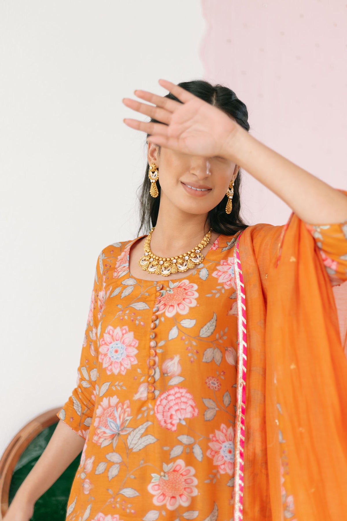 Orange Printed Short kurta with Sharara and Dupatta- Set of 3