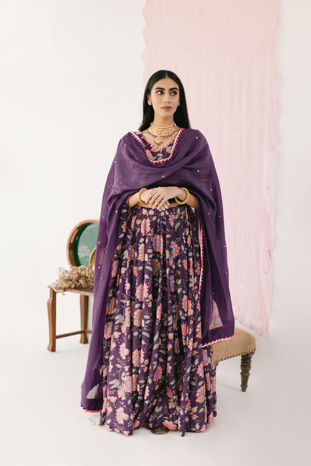 Purple Floral print Lehenga with Floral print Blouse and Dupatta - set of 3