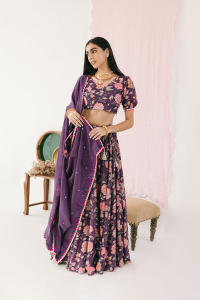 Purple Floral print Lehenga with Floral print Blouse and Dupatta - set of 3