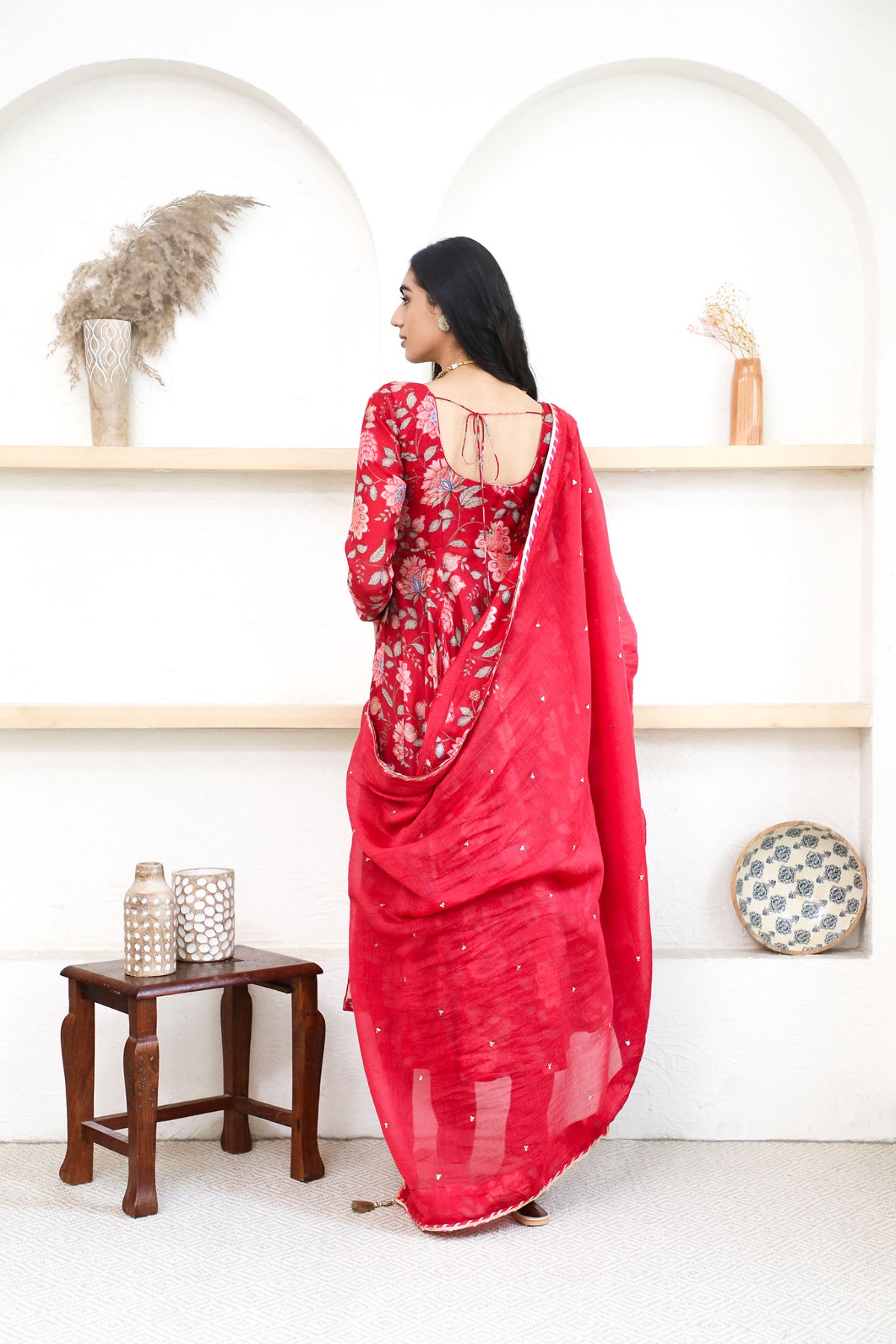 Red printed Anarkali with Chooridar and Dupatta- set of 3