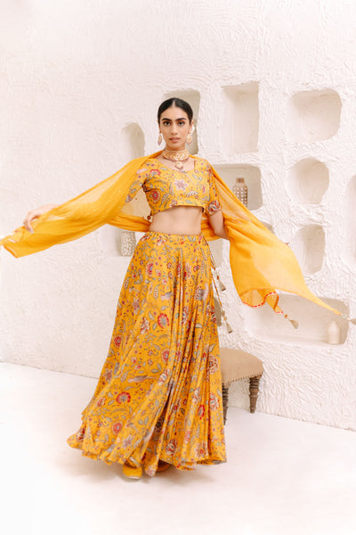 Yellow Floral print Lehenga with Floral print Blouse and Dupatta - set of 3