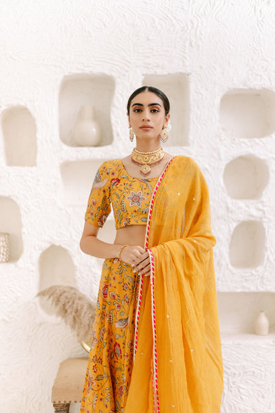 Yellow Floral print Lehenga with Floral print Blouse and Dupatta - set of 3