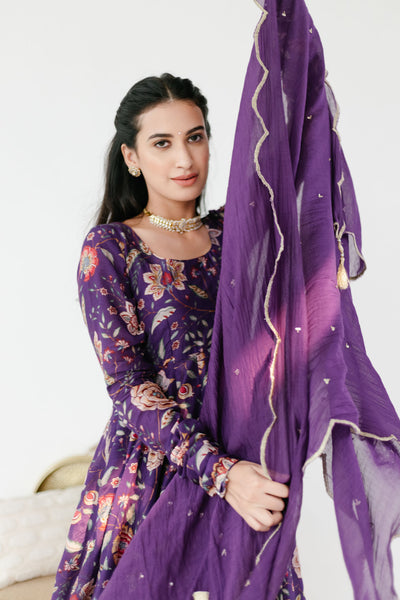 Purple printed Anarkali with Chooridar and Dupatta- set of 3