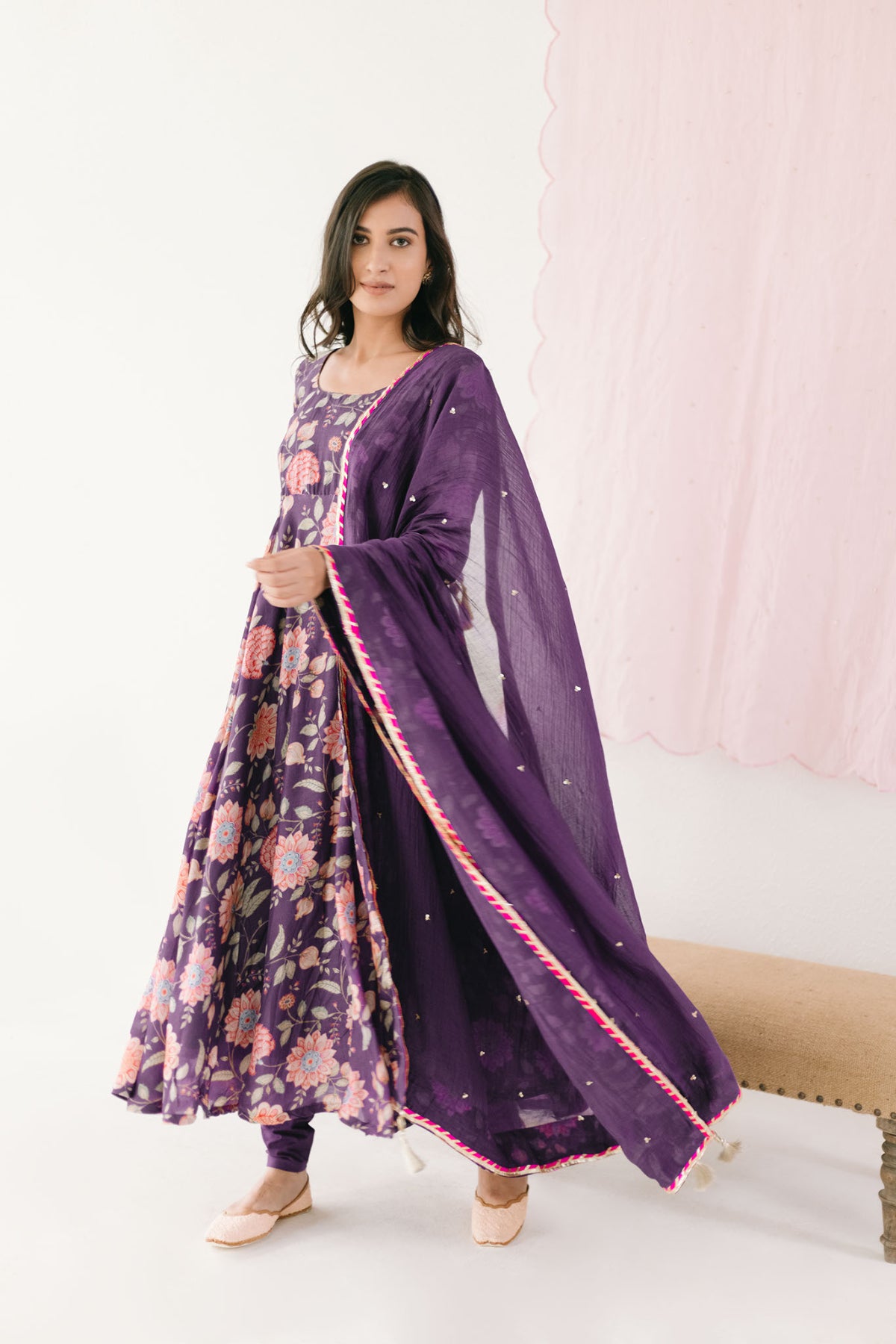 Purple printed Anarkali with Chooridar and Dupatta- set of 3