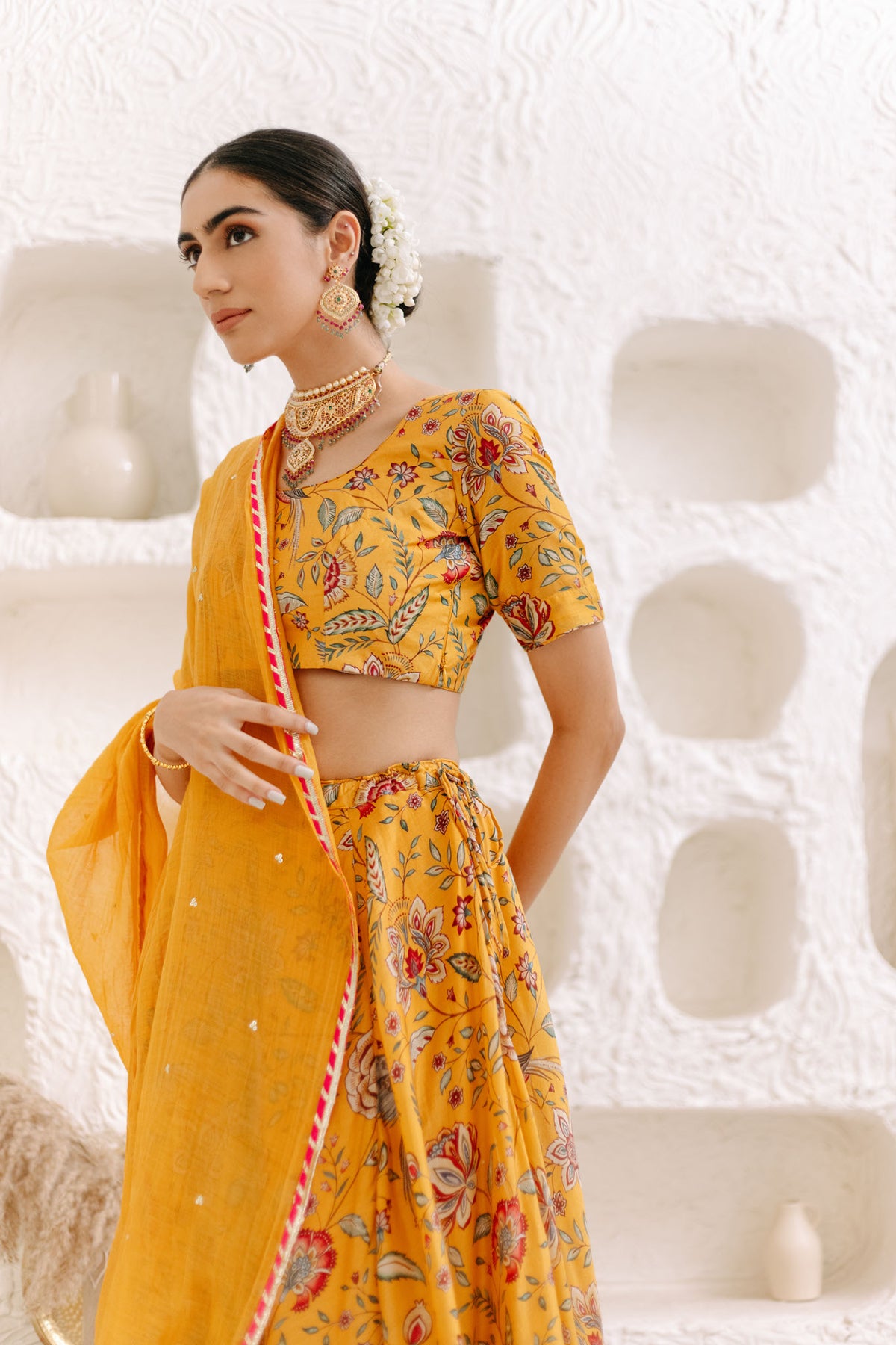 Yellow Floral print Lehenga with Floral print Blouse and Dupatta - set of 3