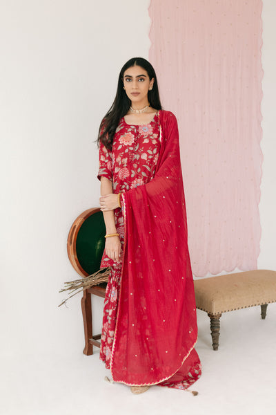 Red Printed Short kurta with Sharara and Dupatta- Set of 3
