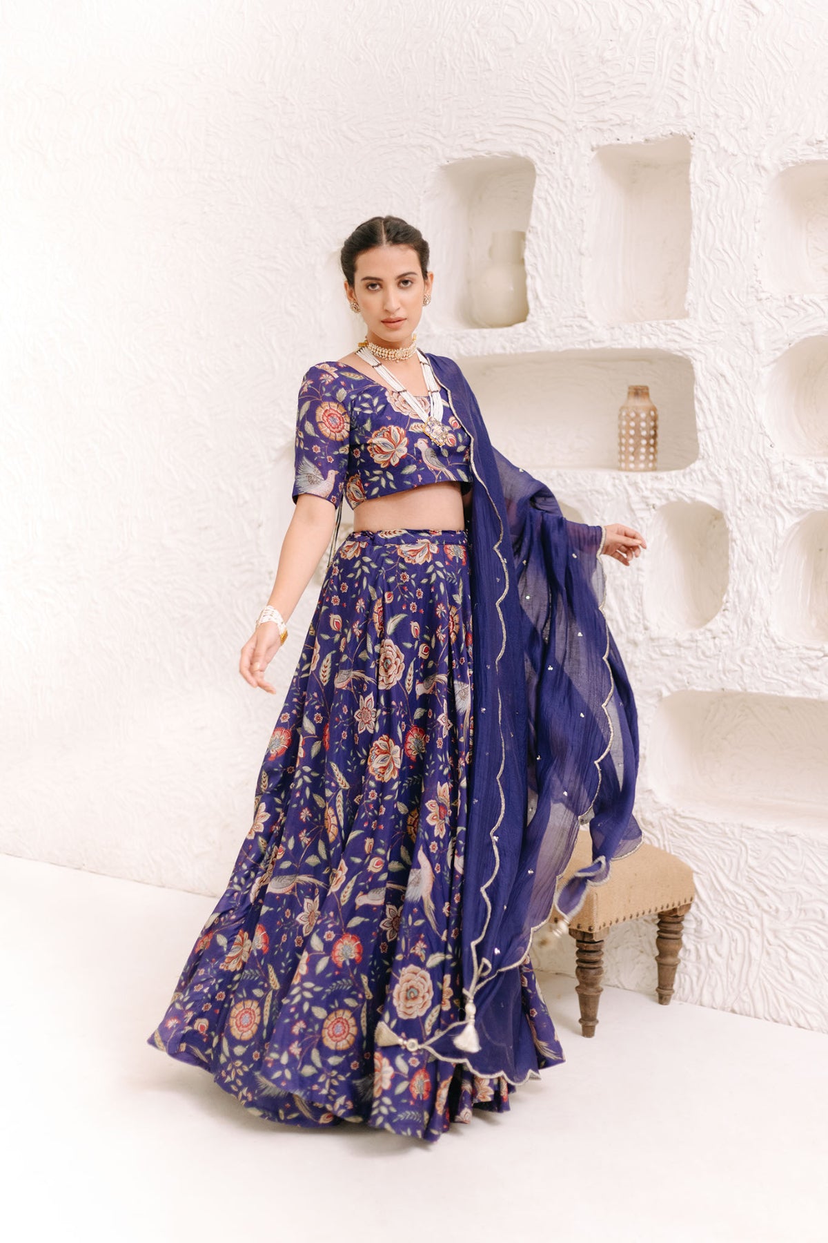 Moroccon Blue Floral print Lehenga with Floral print Blouse and Dupatta - set of 3