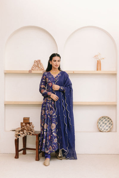 Morocoon Blue printed Anarkali with Chooridar and Dupatta- set of 3