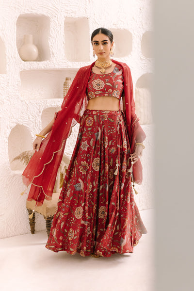 Deep Red Floral print Lehenga with Floral print Blouse and Dupatta - set of 3