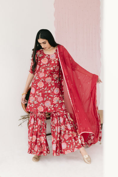 Red Printed Short kurta with Sharara and Dupatta- Set of 3