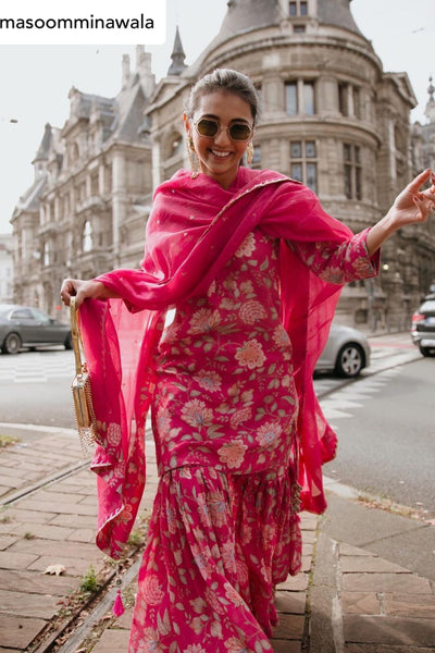 Masoom Minawala in Hot Pink Printed Short kurta with Sharara and Dupatta- Set of 3