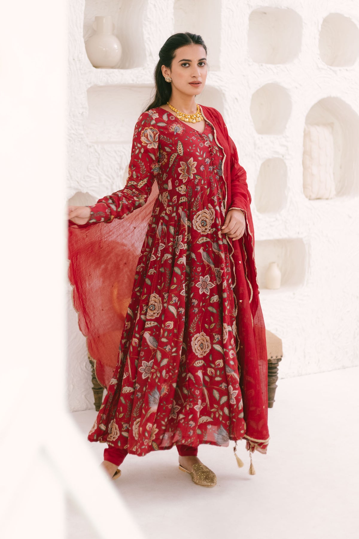 Deep Red printed Anarkali with Chooridar and Dupatta- set of 3