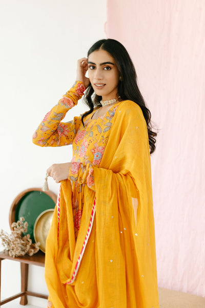 Bright Yellow printed Anarkali with Chooridar and Dupatta- set of 3