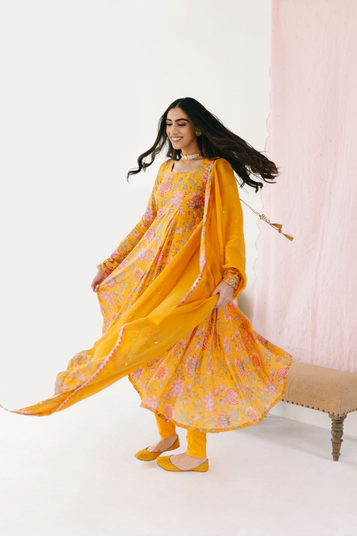 Bright Yellow printed Anarkali with Chooridar and Dupatta- set of 3