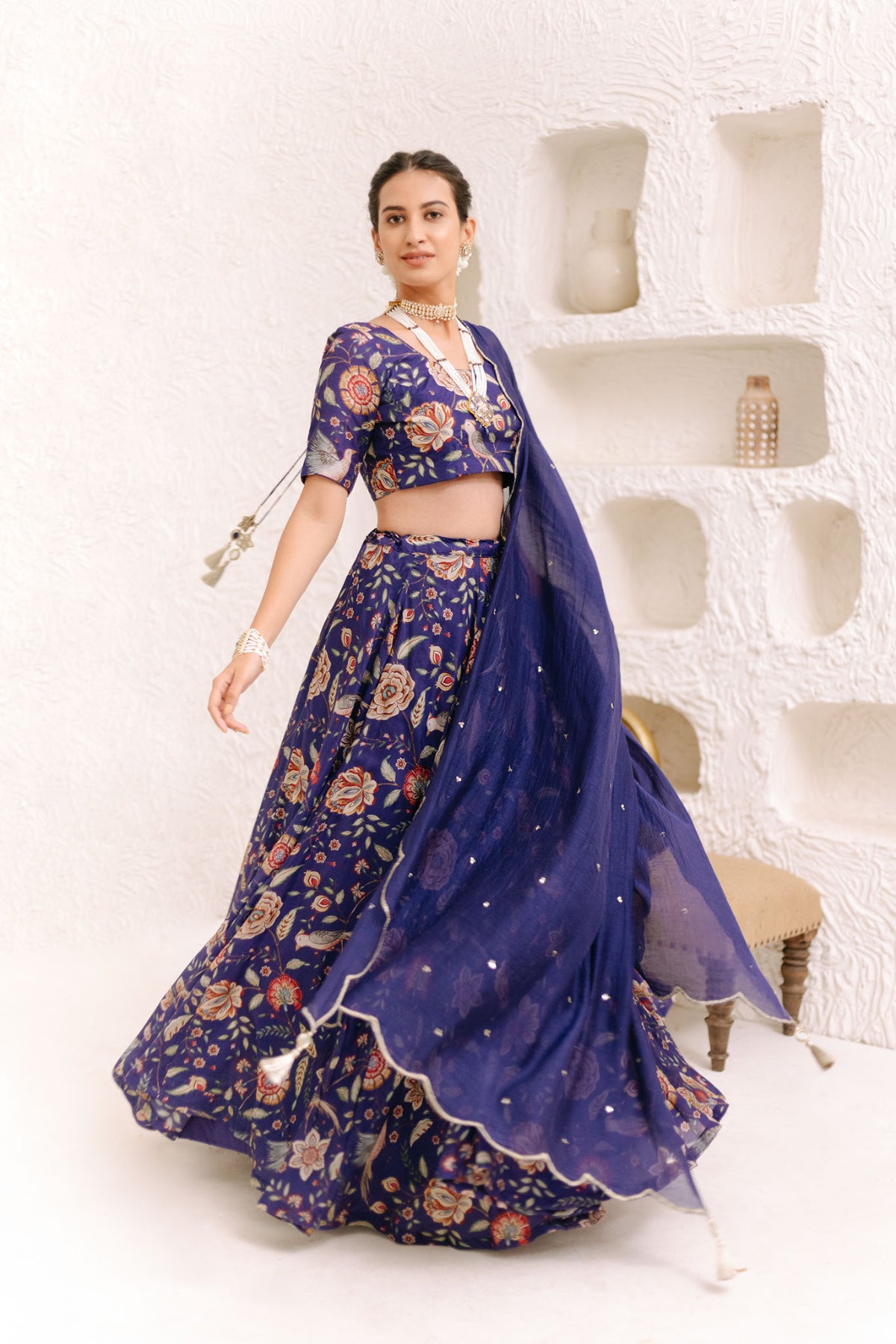 Moroccon Blue Floral print Lehenga with Floral print Blouse and Dupatta - set of 3