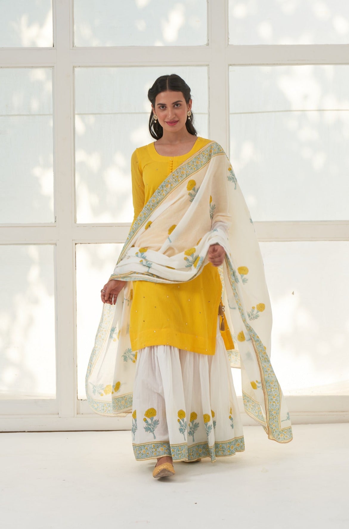 Yellow Mukaish Cotton Kurta With Marigold Block Printed Sharara- Set Of 3