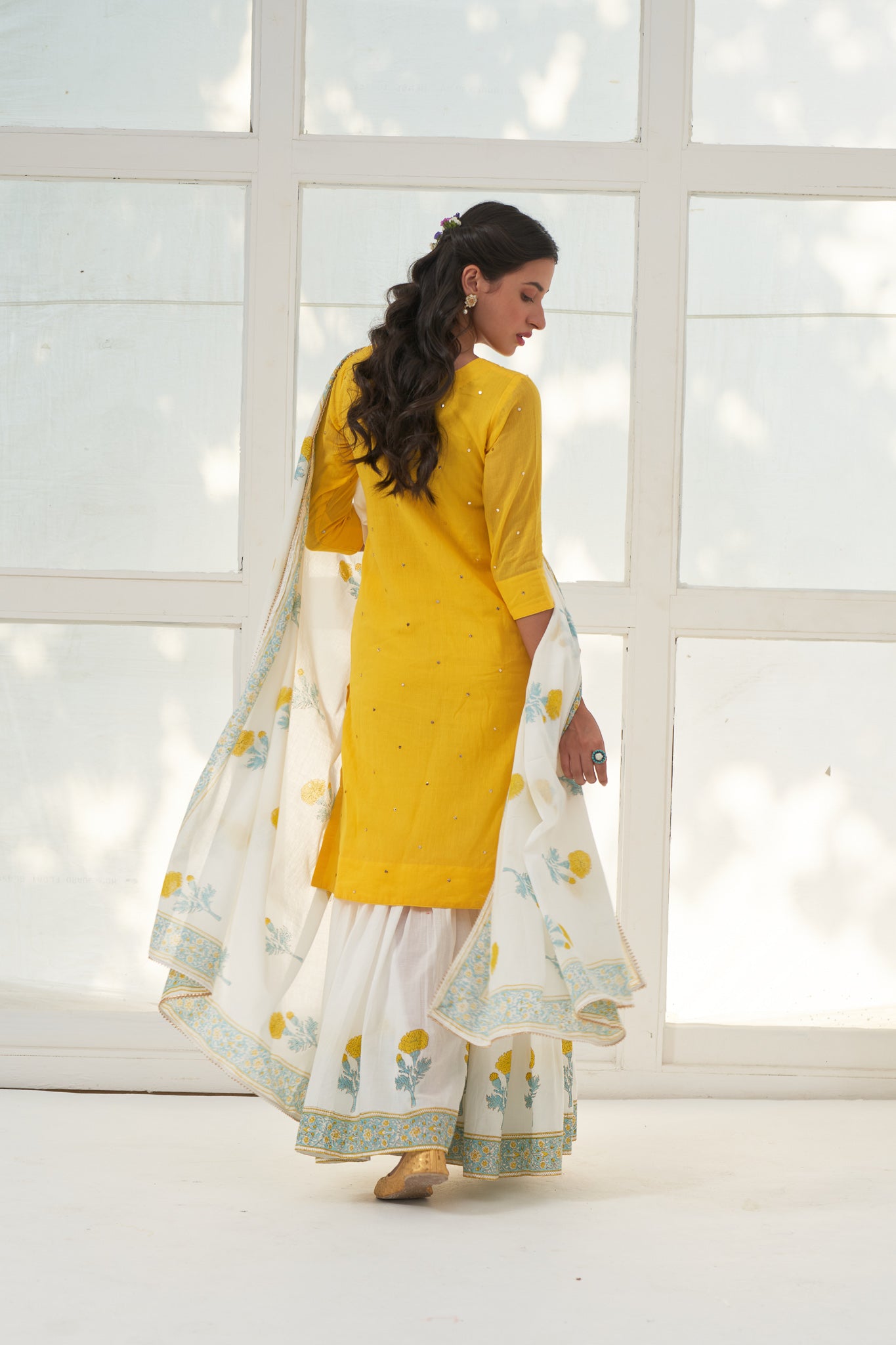 Yellow Mukaish Cotton Kurta With Marigold Block Printed Sharara- Set Of 3