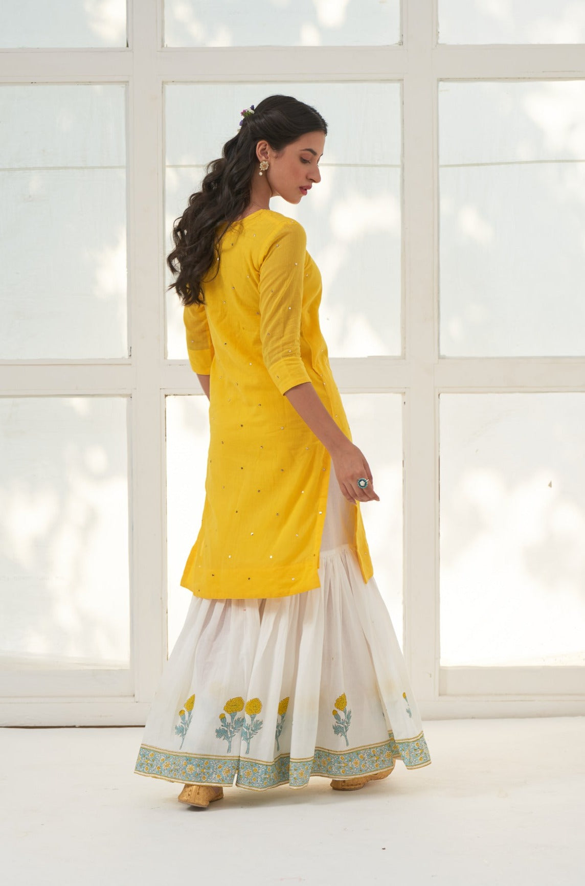 Yellow Mukaish Cotton Kurta With Marigold Block Printed Sharara- Set Of 3