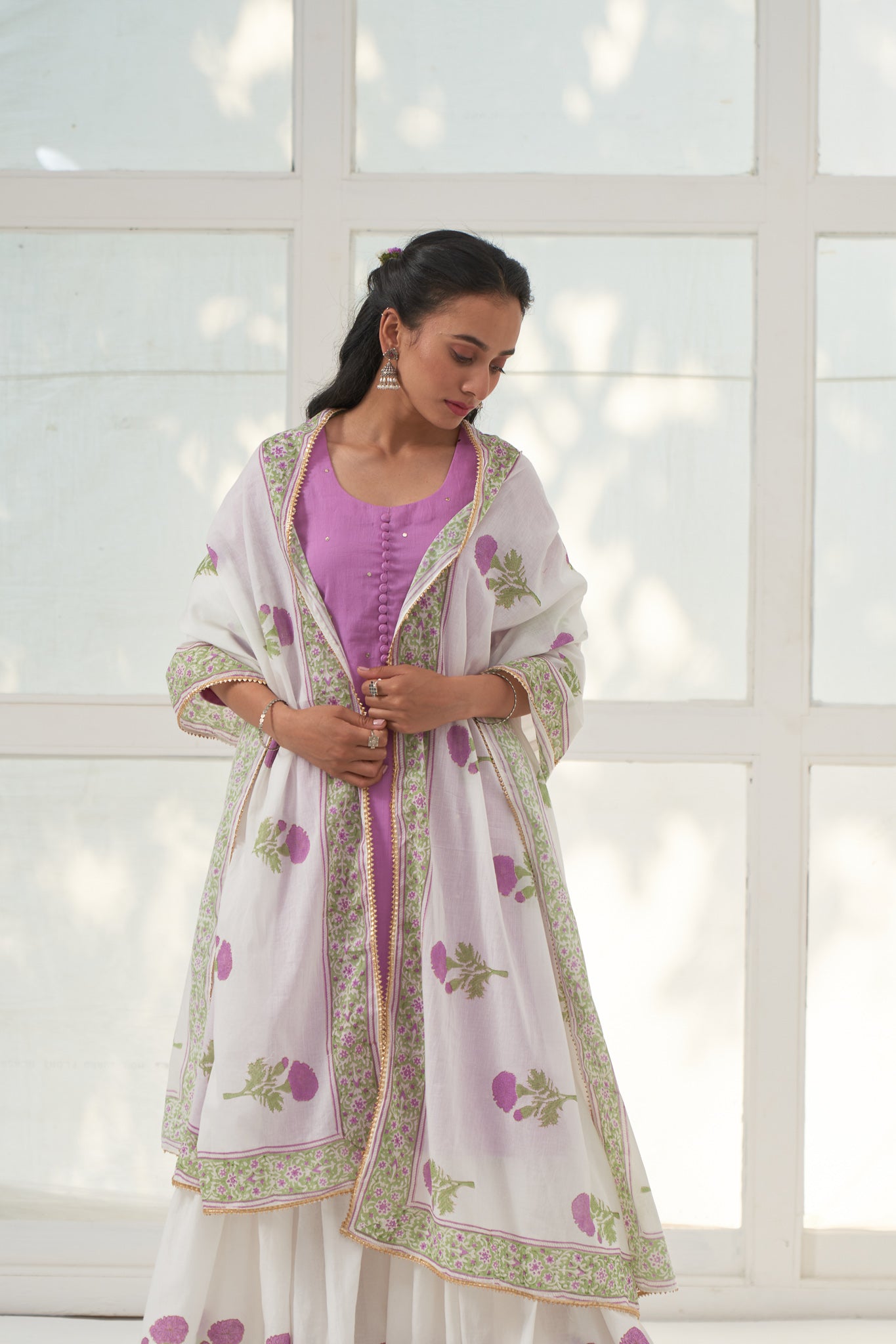 Lilac Mukaish Cotton Kurta With Marigold Block Printed Sharara- Set Of 3