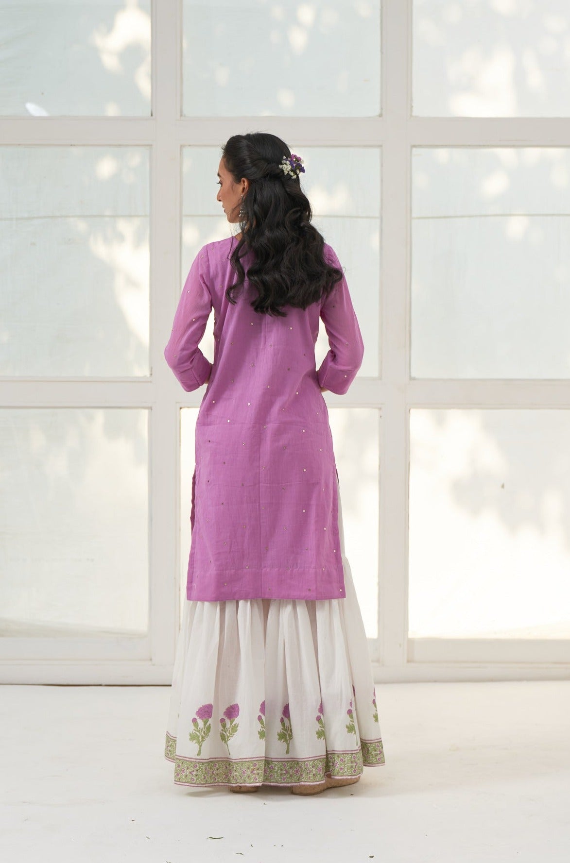 Lilac Mukaish Cotton Kurta With Marigold Block Printed Sharara- Set Of 3
