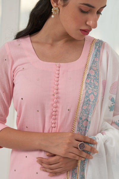 Pink Mukaish Cotton Kurta With Marigold Block Printed Palazzo- Set Of 3