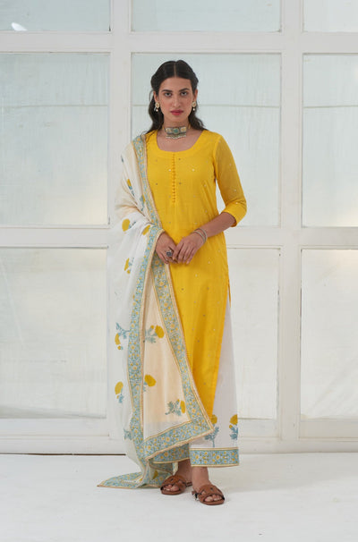 Yellow Mukaish Cotton Kurta With Marigold Block Printed Palazzo- Set Of 3