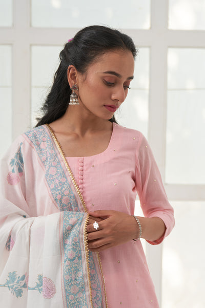 Pink Mukaish Cotton Kurta With Marigold Block Printed Sharara- Set Of 3