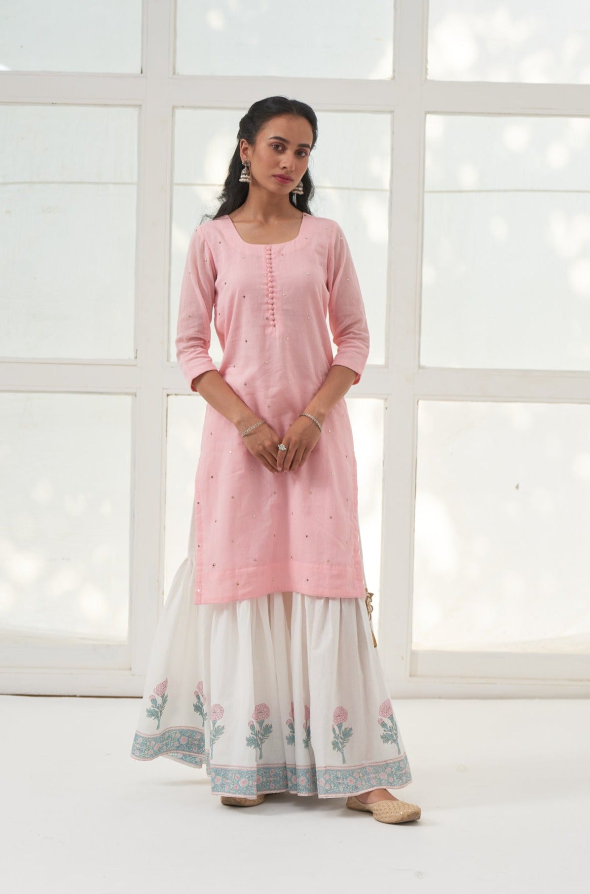 Pink Mukaish Cotton Kurta With Marigold Block Printed Sharara- Set Of 3