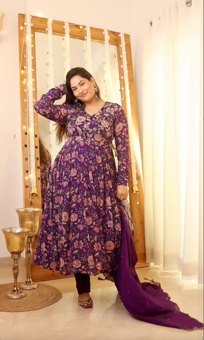 Sakshi in Raag Purple Floral Printed Anarkali with Chooridar and Dupatta- set of 3
