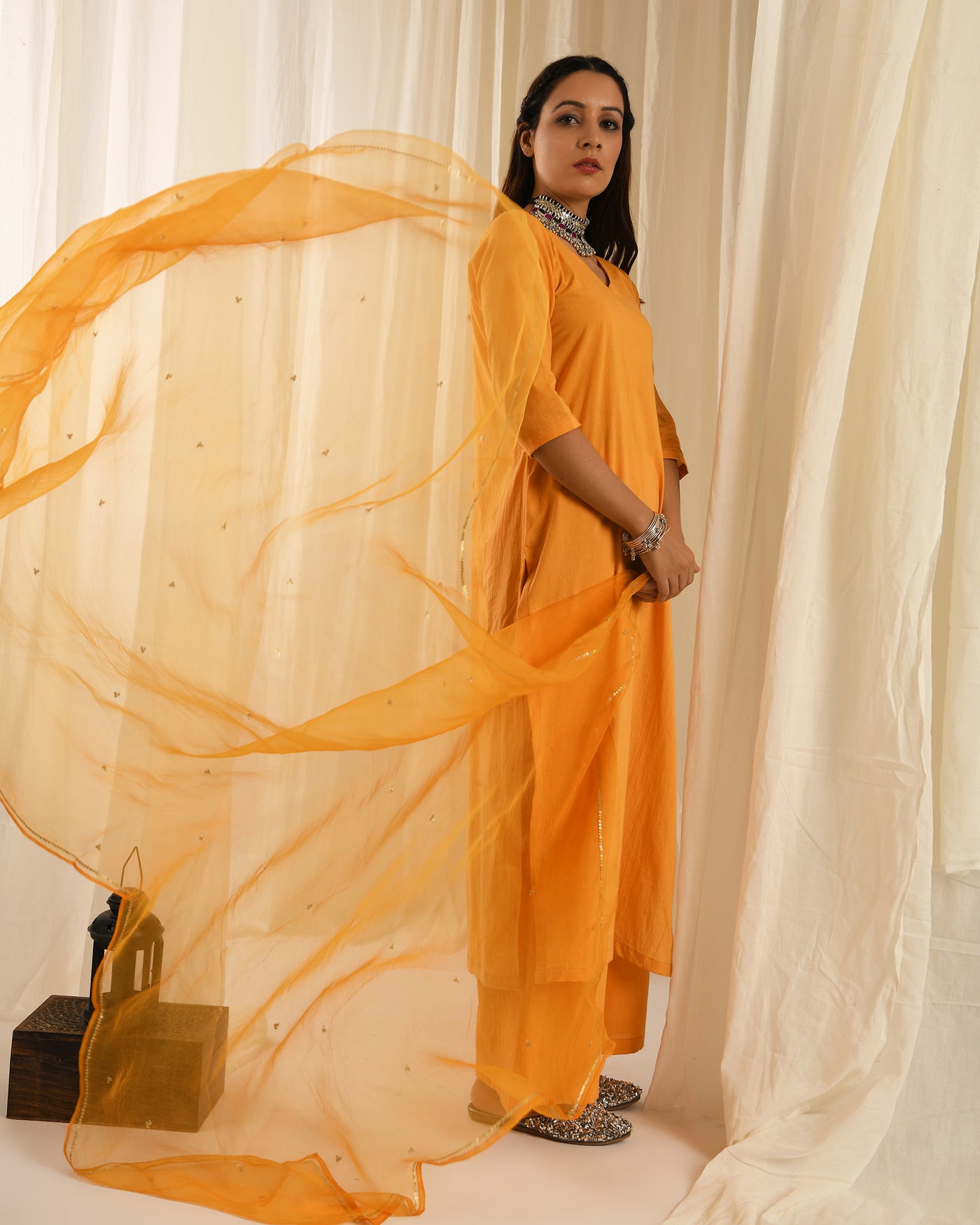 Orange kurta set with organza sitara dupatta - set of 3