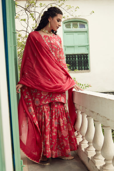 Hot Pink Printed Short kurta with Sharara and Dupatta- Set of 3